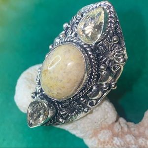 Indonesian Sea Fossil Coral + Tourmaline vintage handcrafted ring